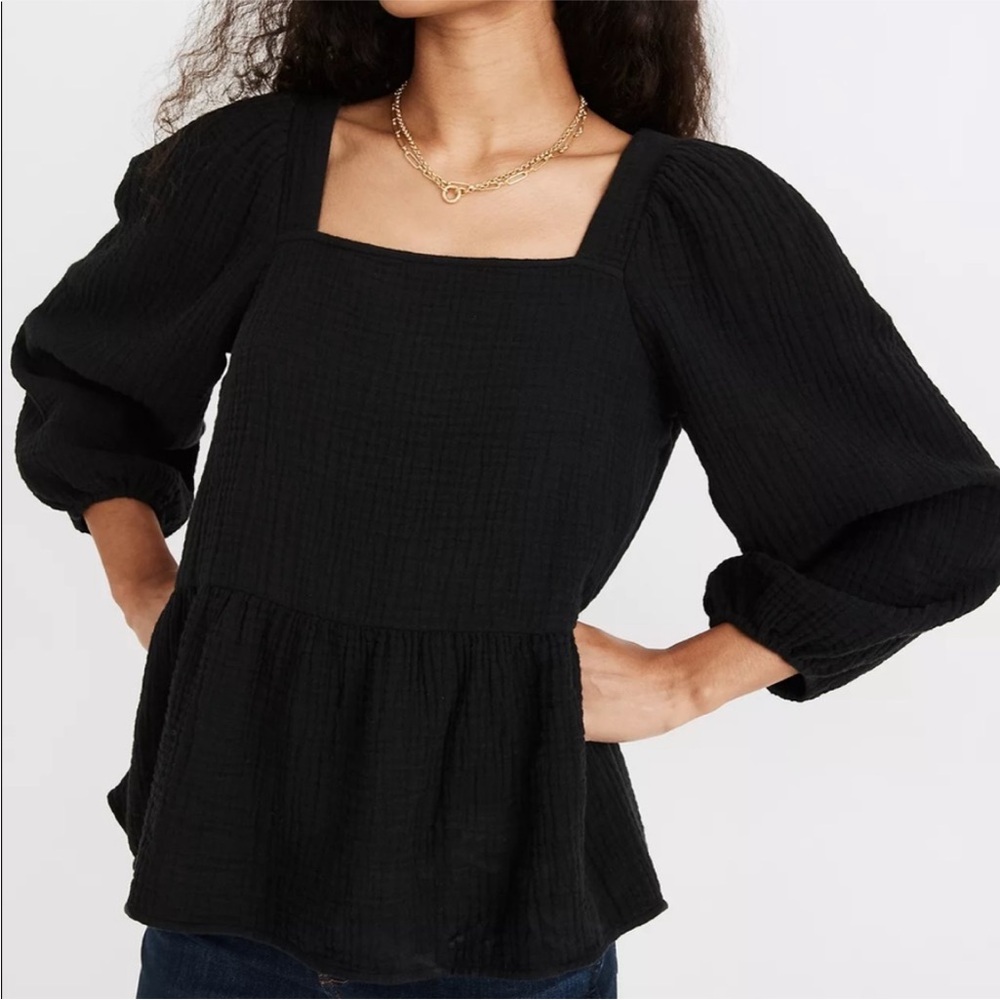 Madewell Like New Lightspun Millbrook Puff-Sleeve Peplum Top in Black